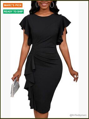 Vintage 50s Inspired Short Ruffle Sleeve Church Dress Bodycon Pencil Midi Dress
